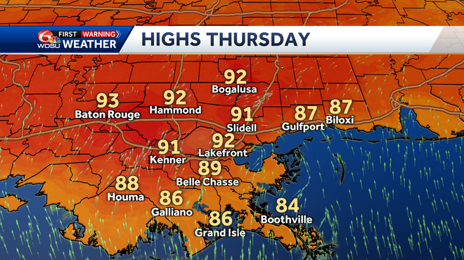 New Orleans Louisiana weather forecast record highs severe storms