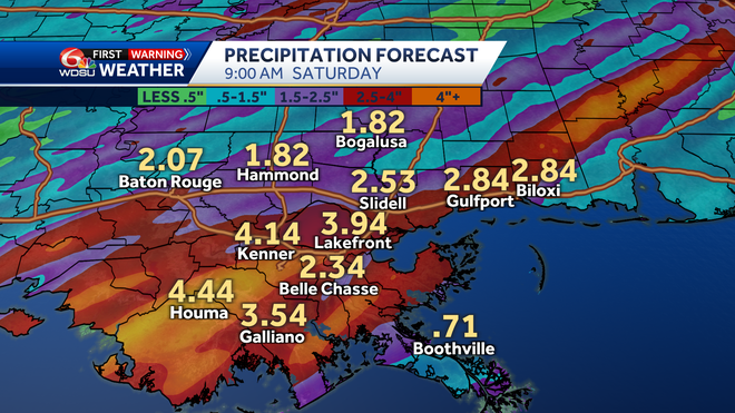 New Orleans storm forecast rain flooding weekend high temps
