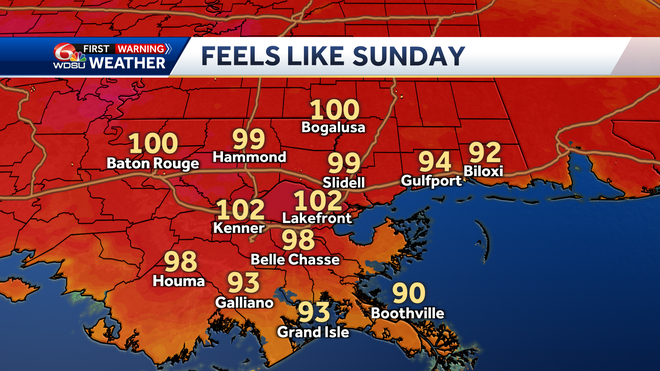 New Orleans weather forecast high temp heat index rain chances