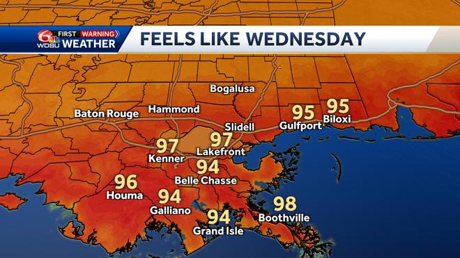 New Orleans weather forecast high temp heat index rain chances