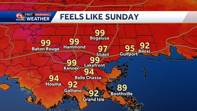 New Orleans weather forecast high temp heat index rain chances