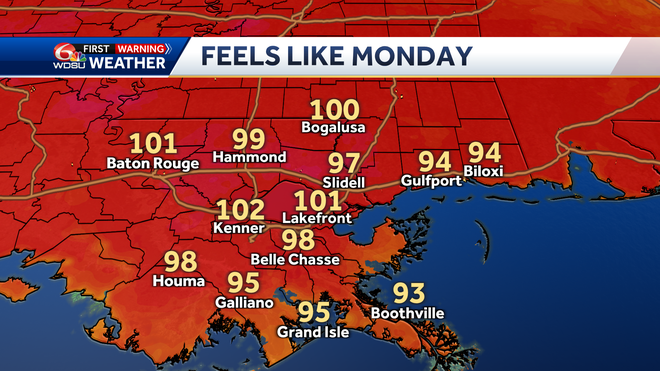 New Orleans weather forecast high temp heat index rain chances