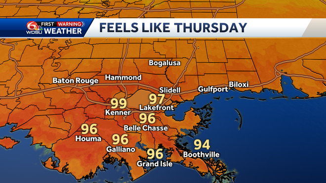 New Orleans weather forecast high temp heat index rain chances