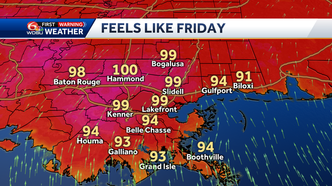 New Orleans weather forecast high temp heat index rain chances
