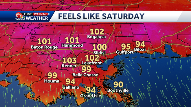 New Orleans weather forecast high temp heat index rain chances