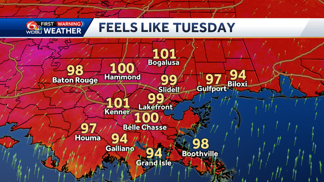 New Orleans weather forecast high temp heat index rain chances
