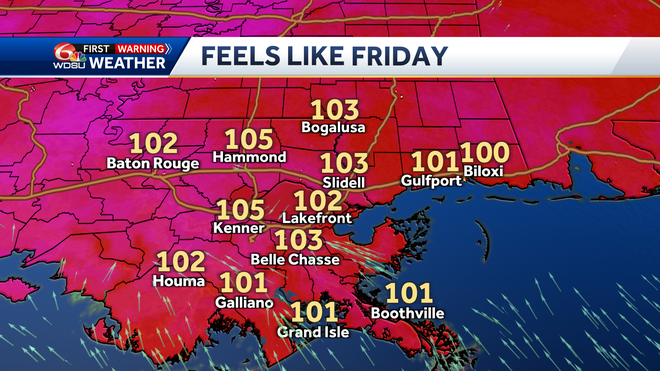 New Orleans weather forecast Friday high temp rain chance heat