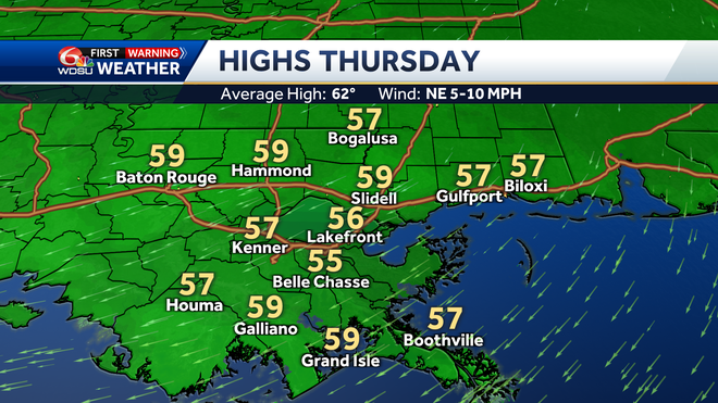 New Orleans forecast high temp rain chances Friday severe weather