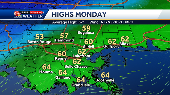 New Orleans forecast how cold will it be low temps this week