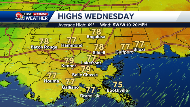 New Orleans weather forecast high temp low temp rain chance Friday