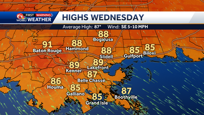 New Orleans Louisiana weather forecast high temp rain chances