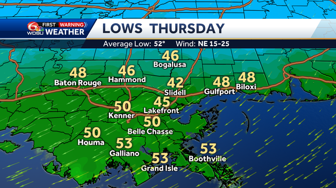 New Orleans weather forecast high temp low temp rain chance Friday