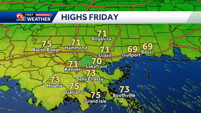 New Orleans weather forecast high temp low temp rain chance Friday