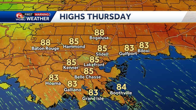 New Orleans Louisiana weather forecast high temp rain chances