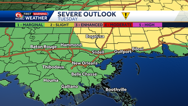 New Orleans weather forecast rain chances severe threat high temp