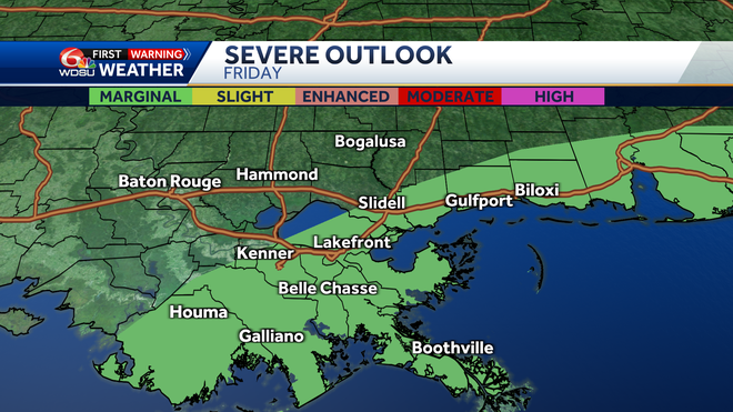New Orleans forecast high temp rain chances Friday severe weather