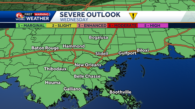 New Orleans weather forecast rain chances severe threat high temp