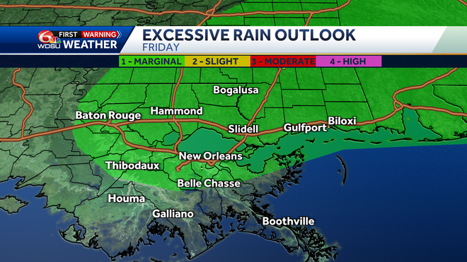 New Orleans weather forecast Friday high temp rain chance heat