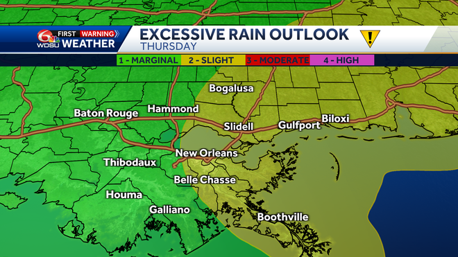 New Orleans weather forecast rain chances high temps tornado risk
