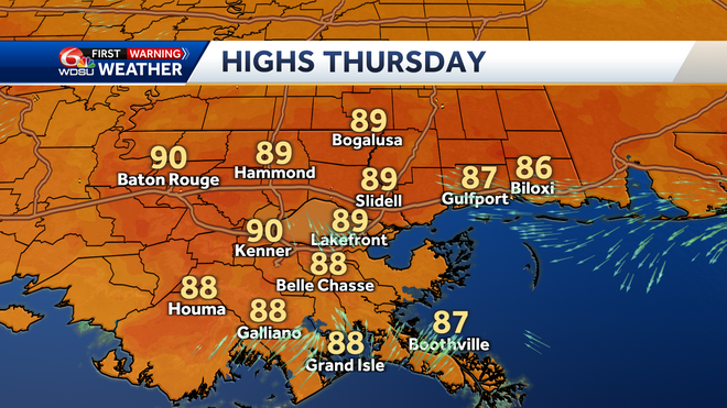 New Orleans weather forecast cold front humidity temp rain chance