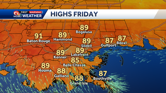New Orleans weather forecast cold front humidity temp rain chance