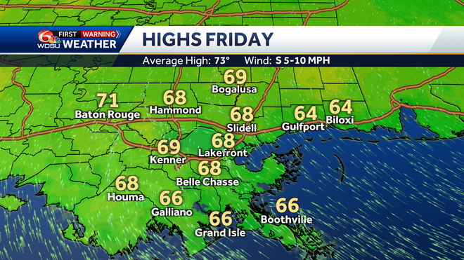 New Orleans weather forecast how cold morning high temp when rain