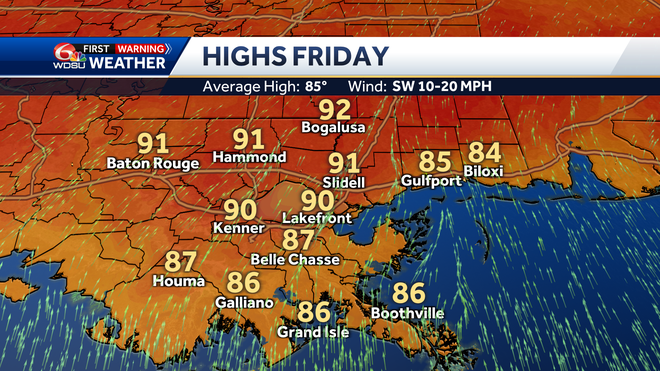 New Orleans weather forecast high temp heat index rain chances