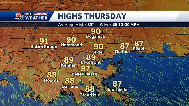 New Orleans weather forecast high temp heat index rain chances