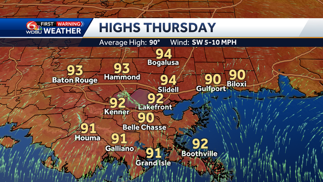 New Orleans weather forecast high temp heat index rain chances