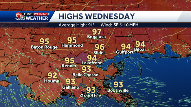 New Orleans weather forecast high temp heat index Wednesday rain