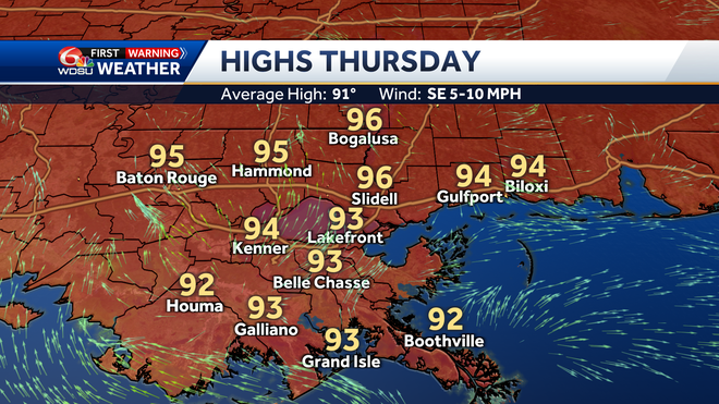 New Orleans weather forecast high temp rain chance Thursday