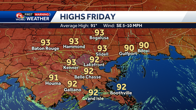 New Orleans weather forecast Friday high temp rain chance heat