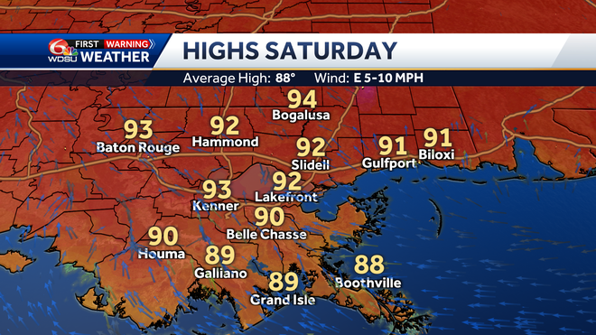 New Orleans weather forecast high temp rain chance Gabrielle wave