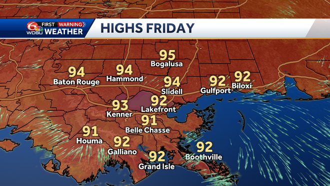 New Orleans weather forecast high temp heat index rain chances