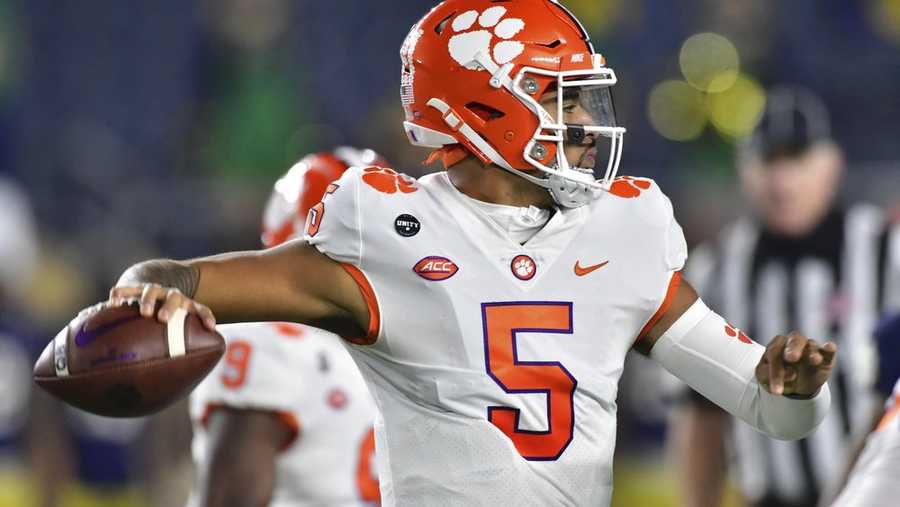 Clemson quarterback D.J. Uiagalelei looks for a receiver during the first quarter against Notre Dame in an NCAA college football game Saturday, Nov. 7, 2020, in South Bend, Ind.