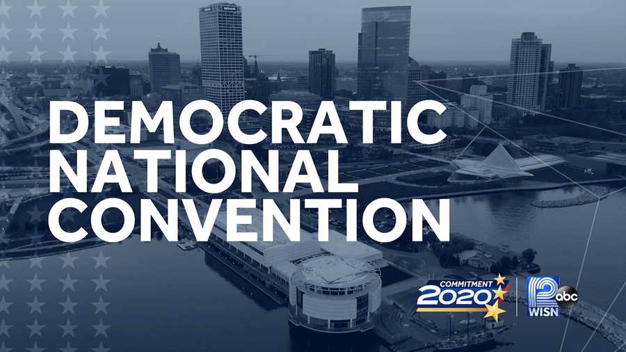 A graphic of the Democratic National Convention and the Milwaukee skyline