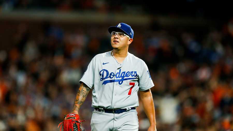 Los Angeles Dodgers pitcher Julio Urias (7) pitches the ball