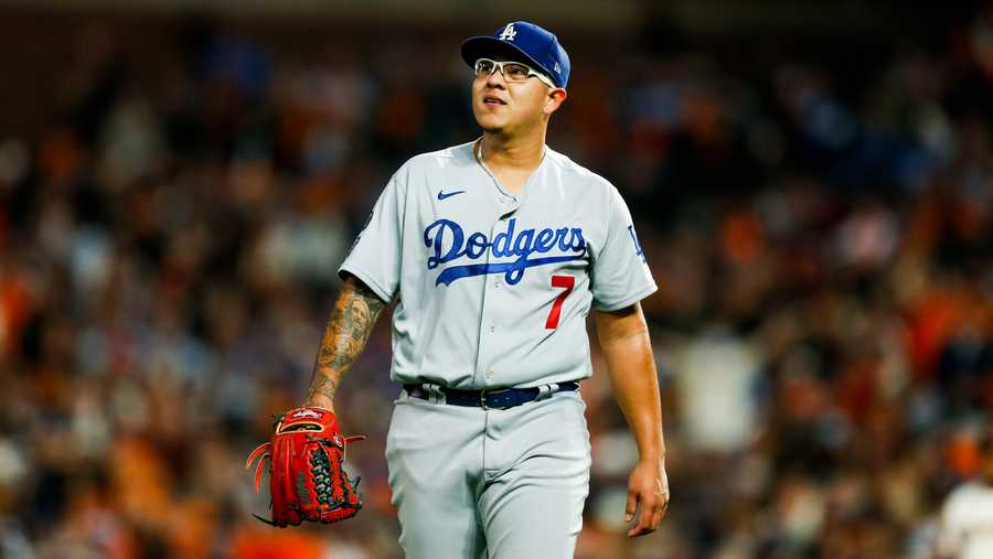 SAN FRANCISCO, CA - OCTOBER 09: Julio Urias #7 of the Los Angeles Dodgers looks on between pitches during Game 2 of the NLDS between the Los Angeles Dodgers and the San Francisco Giants at Oracle Park on Saturday, October 9, 2021 in San Francisco, California. (Photo by Lachlan Cunningham/MLB Photos via Getty Images)