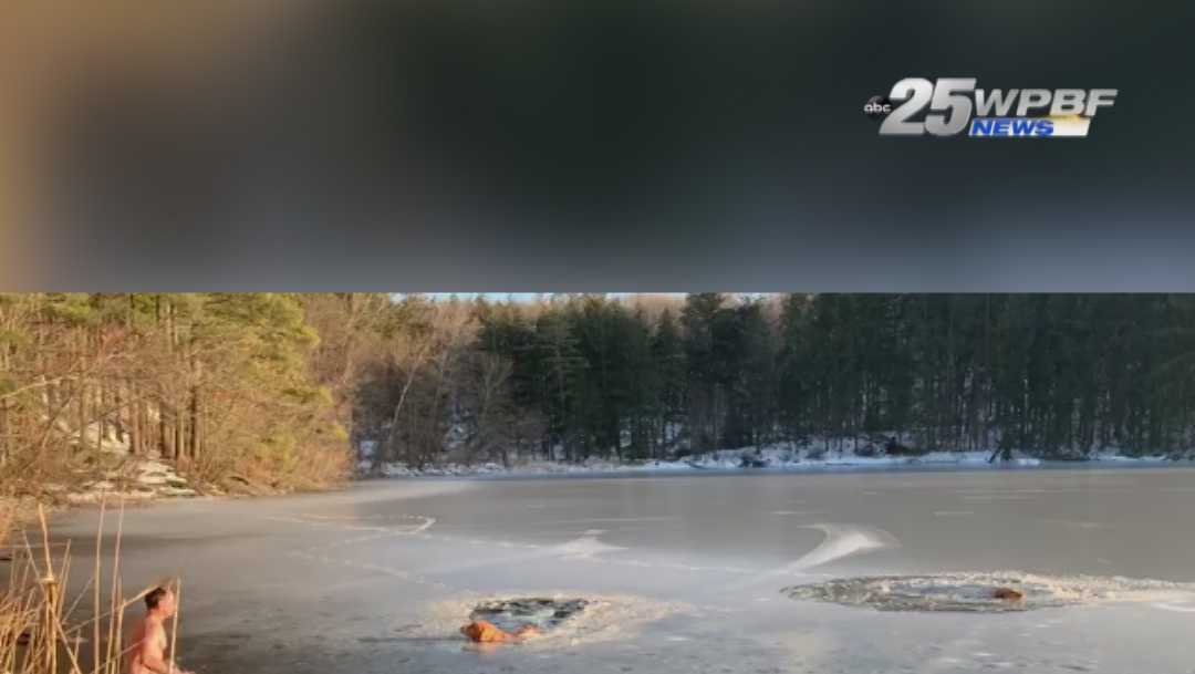 Man jumps into icy water to save two dogs