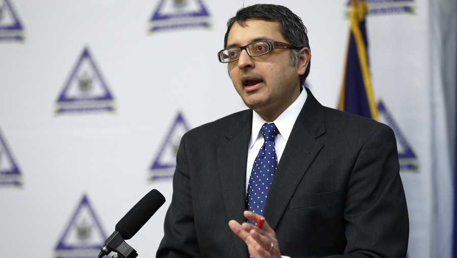 Dr. Nirav Shah, director of the Maine Center for Disease Control and Prevention, speaks at a news conference, Tuesday, April 28, 2020, in Augusta, Maine. The state now has about 1,040 confirmed cases, up from 1,023 on Monday. The death toll from disease held steady at 51.(AP Photo/Robert F. Bukaty)