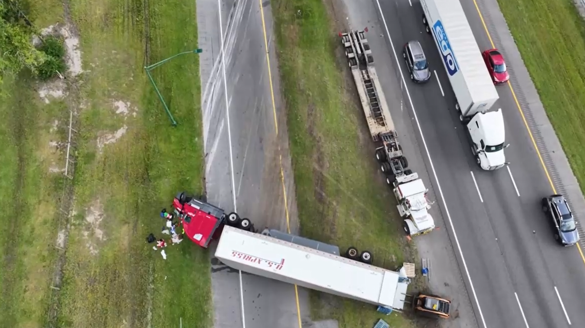 Pooler: Drone footage shows overturned tractor trailer in Pooler