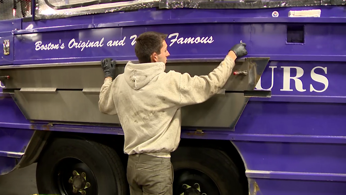 Inside the garage preparing Duck Boats for Red Sox parade