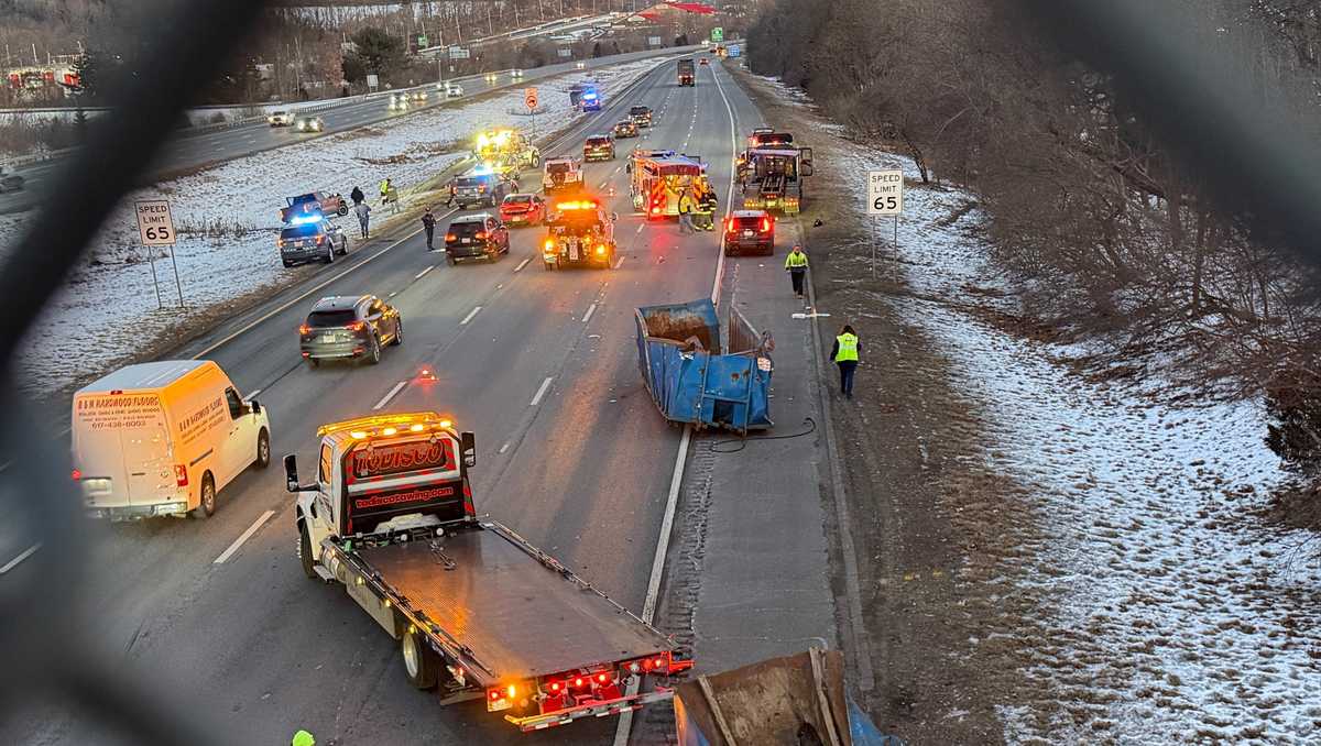 Dumpsters fall off truck, snarl traffic on Interstate 95 in Danvers, Massachusetts