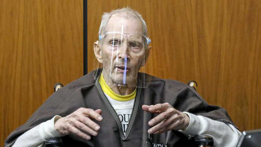 FILE - In this Monday, Aug. 9, 2021, file photo, New York real estate scion Robert Durst, 78, answers questions from defense attorney Dick DeGuerin, while testifying in his murder trial at the Inglewood Courthouse in Inglewood, Calif. The sentencing of Durst will be comparatively brief compared to his murder trial that stretched over the better part of two years. The New York real estate heir faces a mandatory term of life in prison without parole Thursday, Oct. 14 for the first-degree murder of his best friend, Susan Berman. (Gary Coronado/Los Angeles Times via AP, Pool, File)