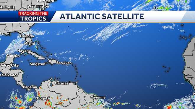 Storms in the Atlantic as shown by satellite.