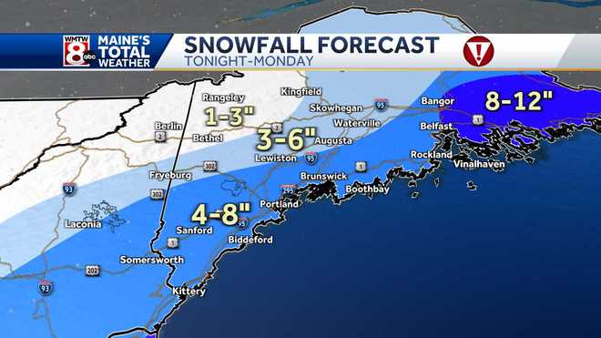 This map shows the current snowfall forecast for Maine.