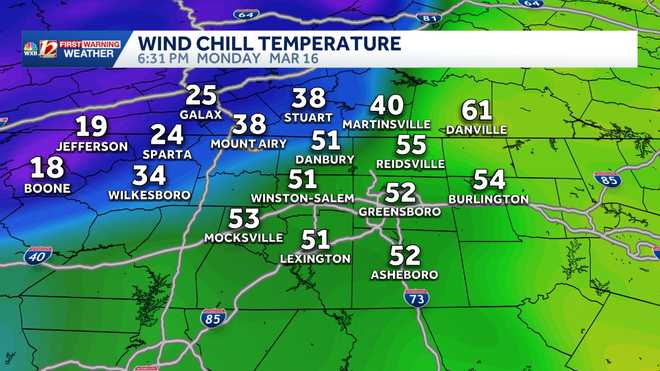 current wind chill or feels like temperature in north carolina from boone to burlington