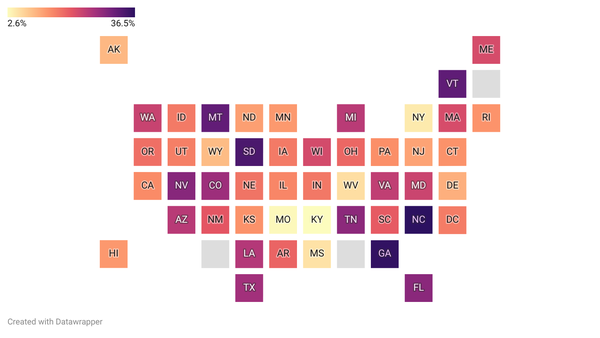 a map showing the percent of the voting age population that has voted early in each state as of oct. 29, 2024