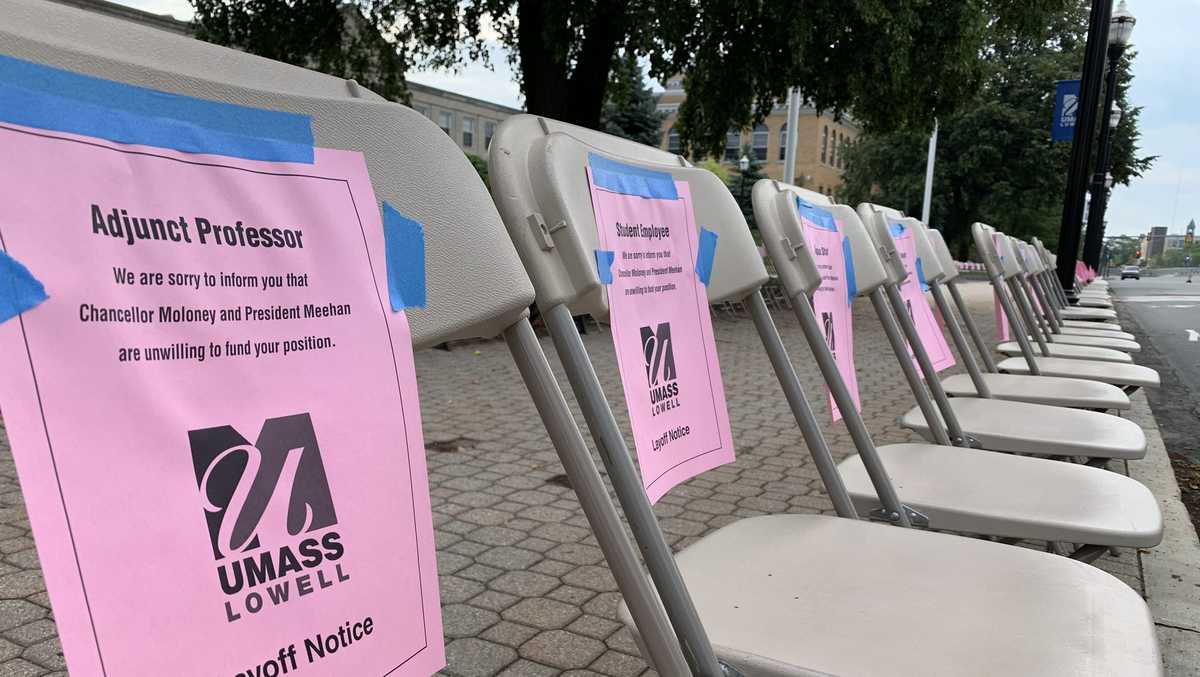 Empty chairs with pink slips Group protests layoffs at UMass Lowell