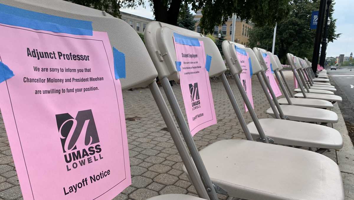 Empty chairs with pink slips Group protests layoffs at UMass Lowell